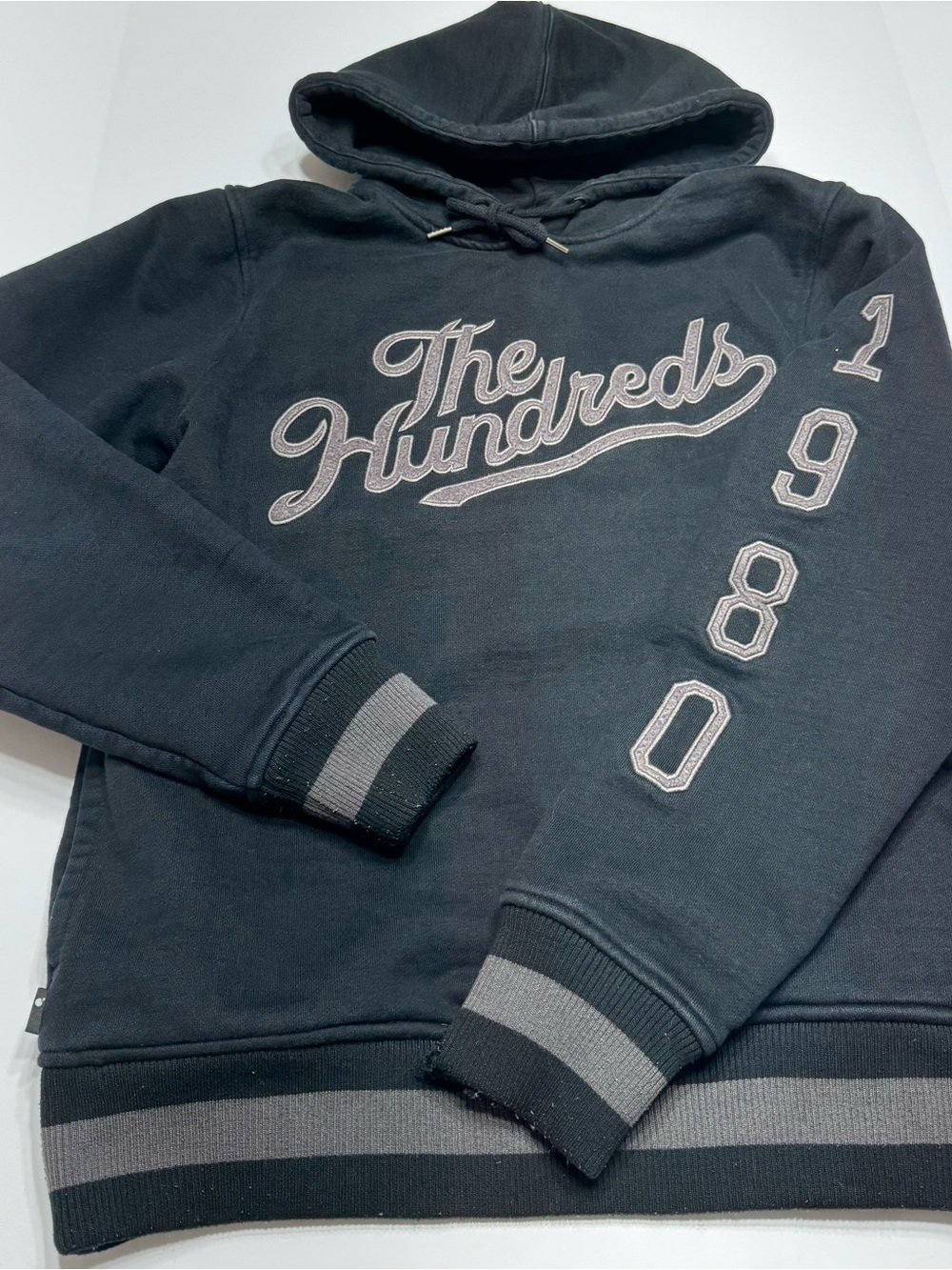 The Hundreds Black Pullover Hoodie with Gray Logo & Stripes